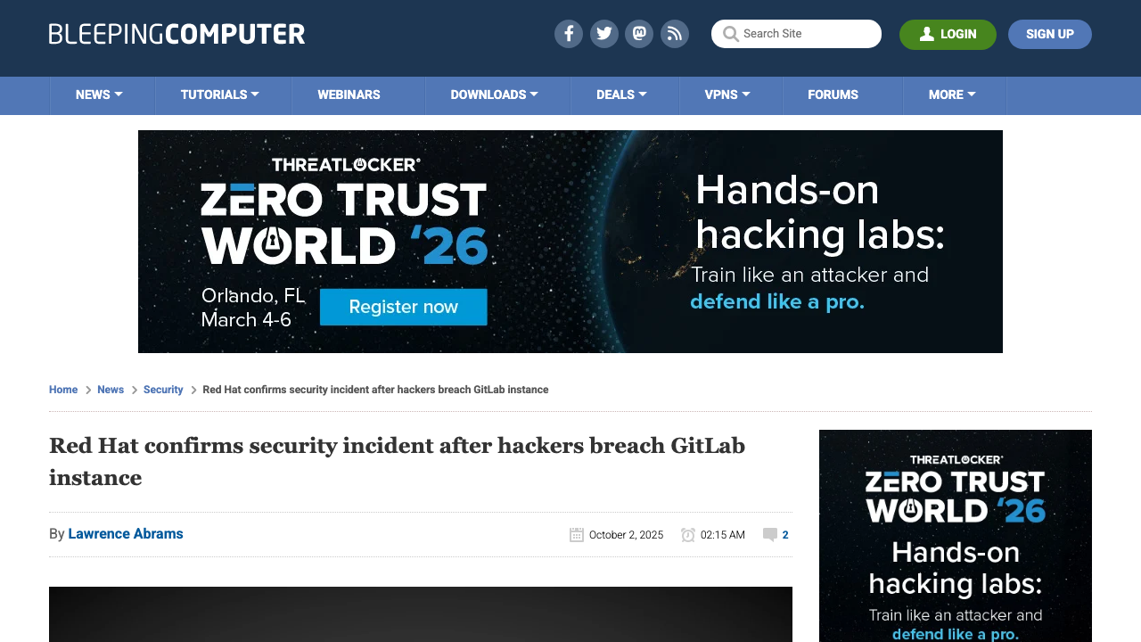 bleepingcomputer.com - News - Security - Red Hat Confirms Security Incident After Hackers Breach Gitlab Instance preview