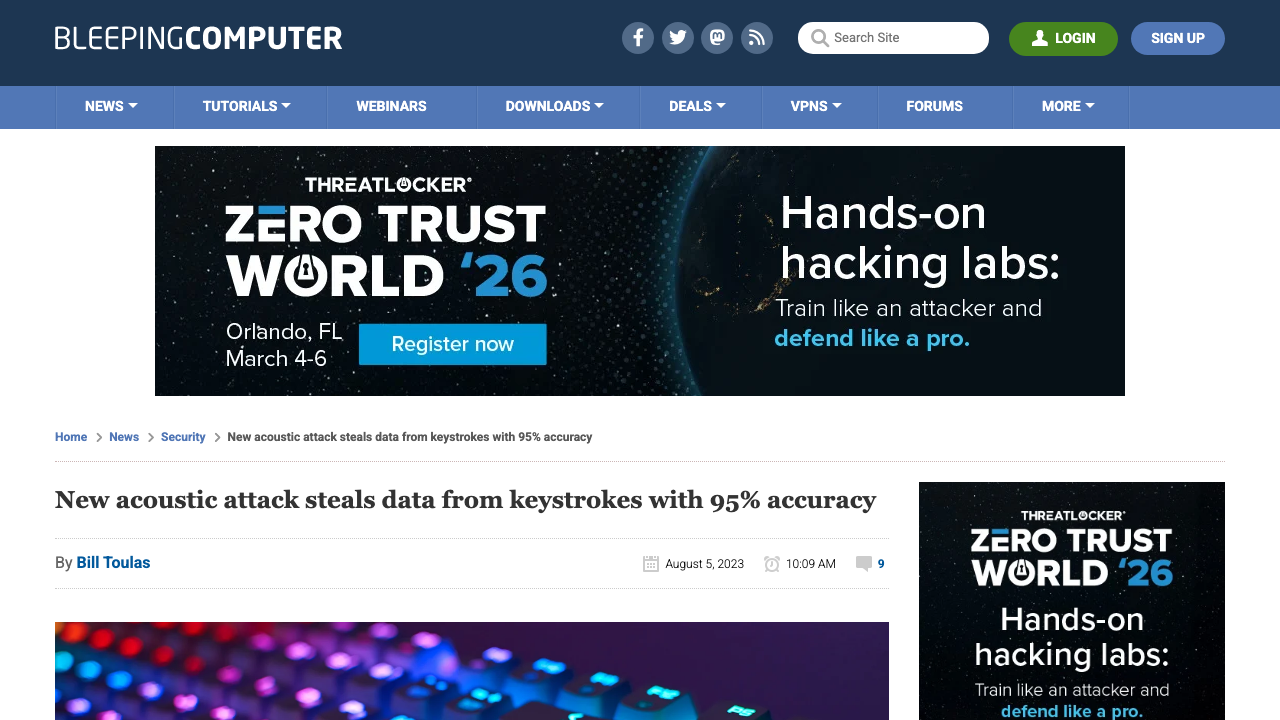 bleepingcomputer.com - News - Security - New Acoustic Attack Steals Data From Keystrokes With 95 Percent Accuracy previe