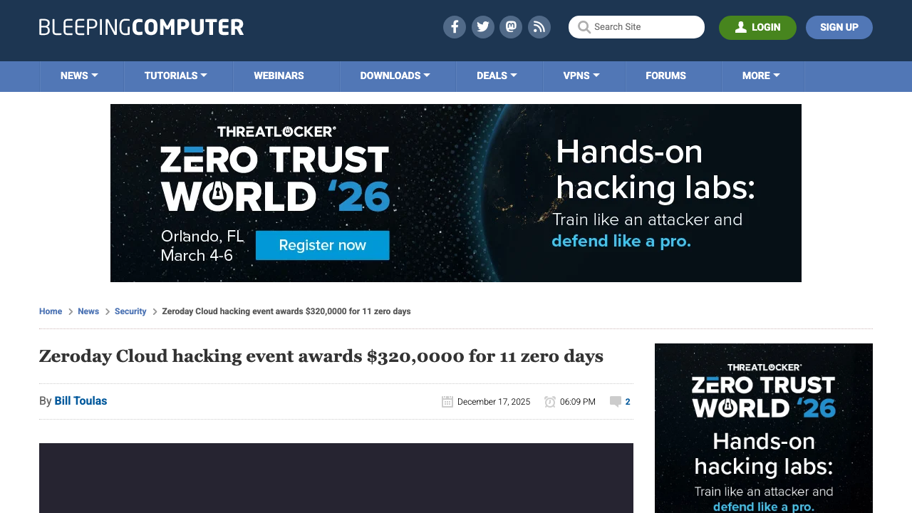 bleepingcomputer.com - News - Security - Zeroday Cloud Hacking Event Awards 320 0000 For 11 Zero Days preview