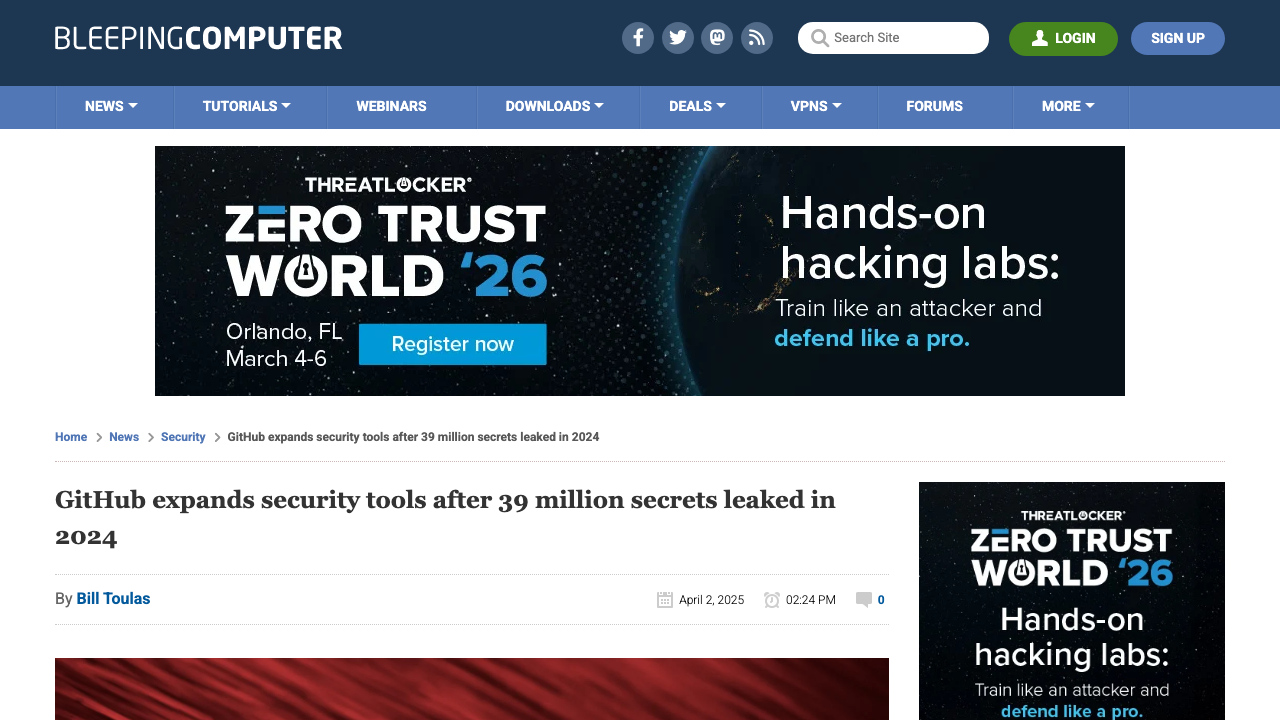 bleepingcomputer.com - News - Security - Github Expands Security Tools After 39 Million Secrets Leaked In 2024 preview