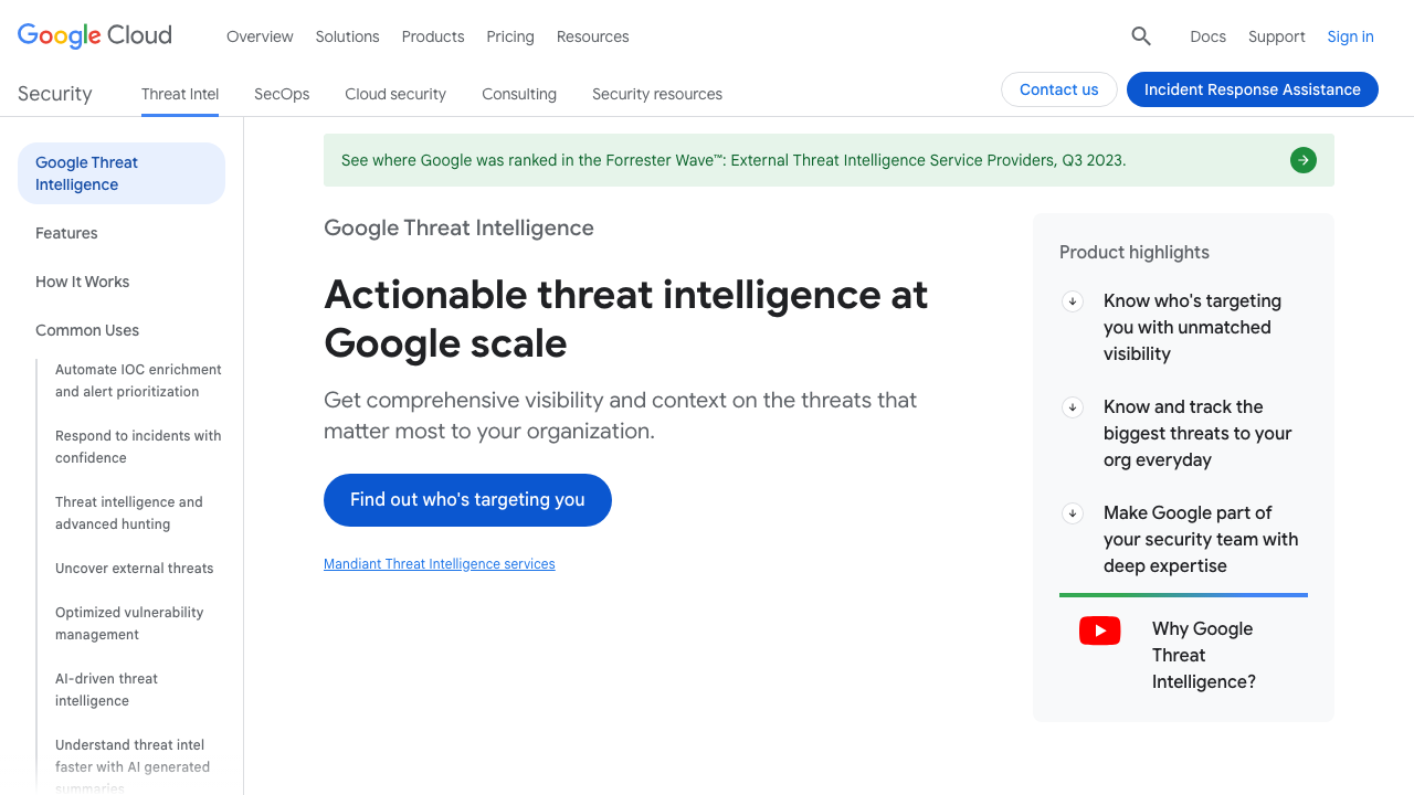 cloud.google.com - Security - Products - Threat Intelligence preview