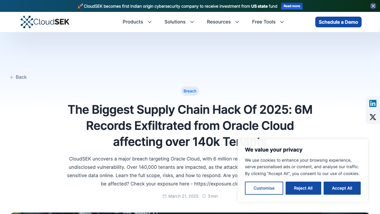 cloudsek.com - Blog - The Biggest Supply Chain Hack Of 2025 6M Records For Sale Exfiltrated From Oracle Cloud Affecting 