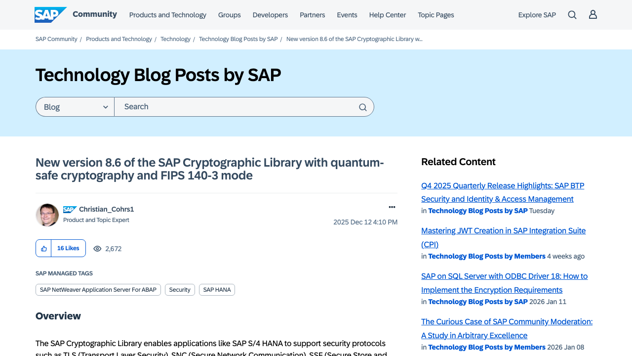 community.sap.com - T5 - Technology Blog Posts By Sap - New Version 8 6 Of The Sap Cryptographic Library With Quantum Sa