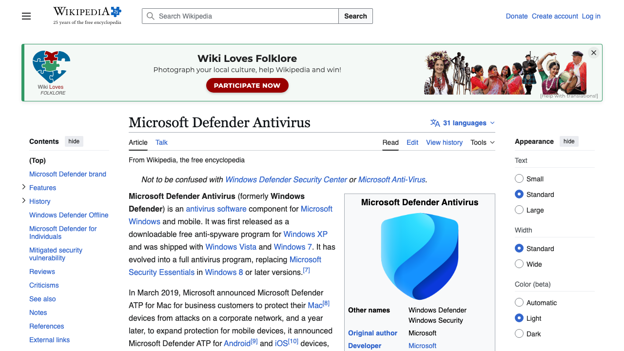 Wikipedia: wiki - Microsoft Defender Antivirus preview