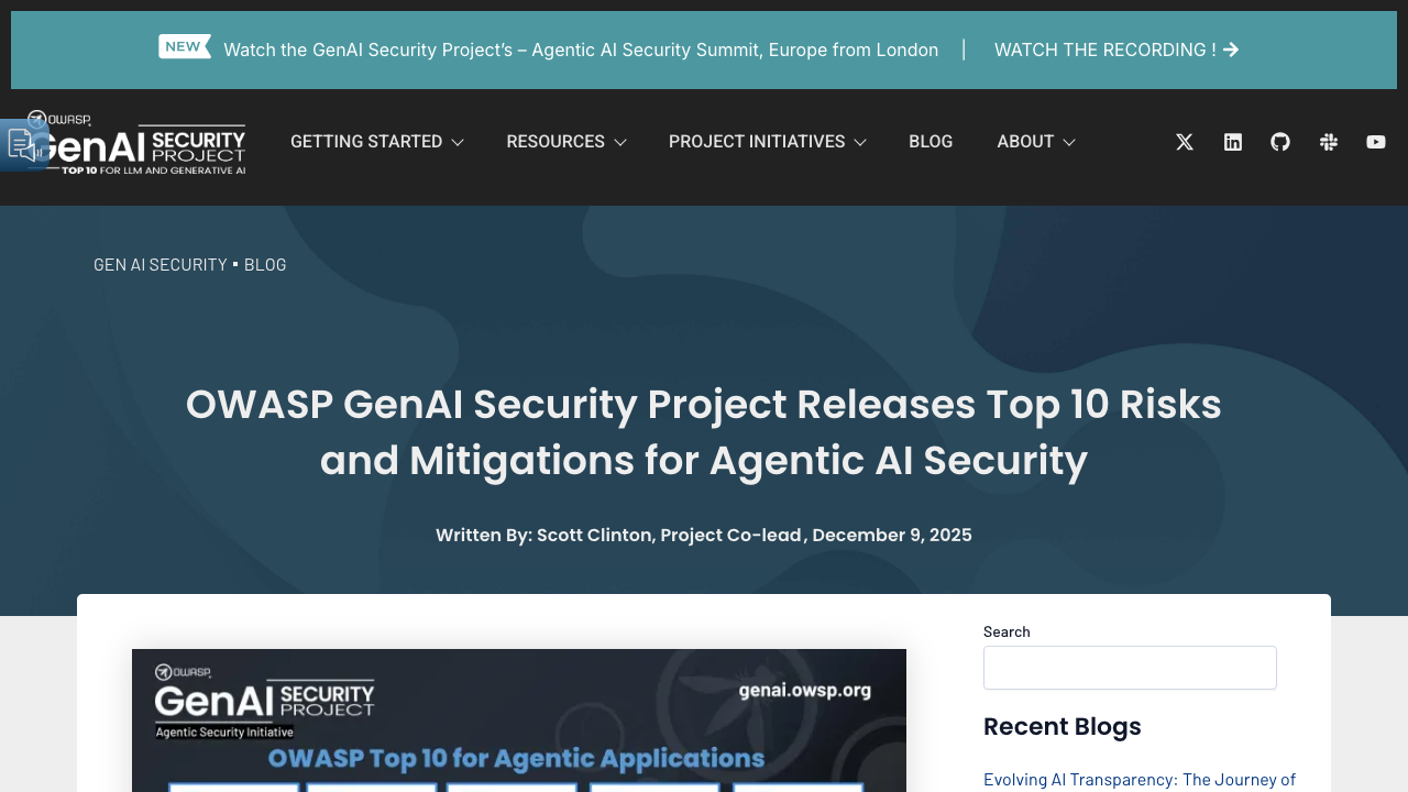 genai.owasp.org - 2025 - 12 - 09 - Owasp Genai Security Project Releases Top 10 Risks And Mitigations For Agentic Ai Sec