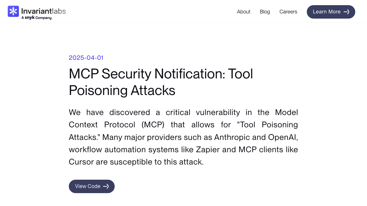 invariantlabs.ai - Blog - Mcp Security Notification Tool Poisoning Attacks preview
