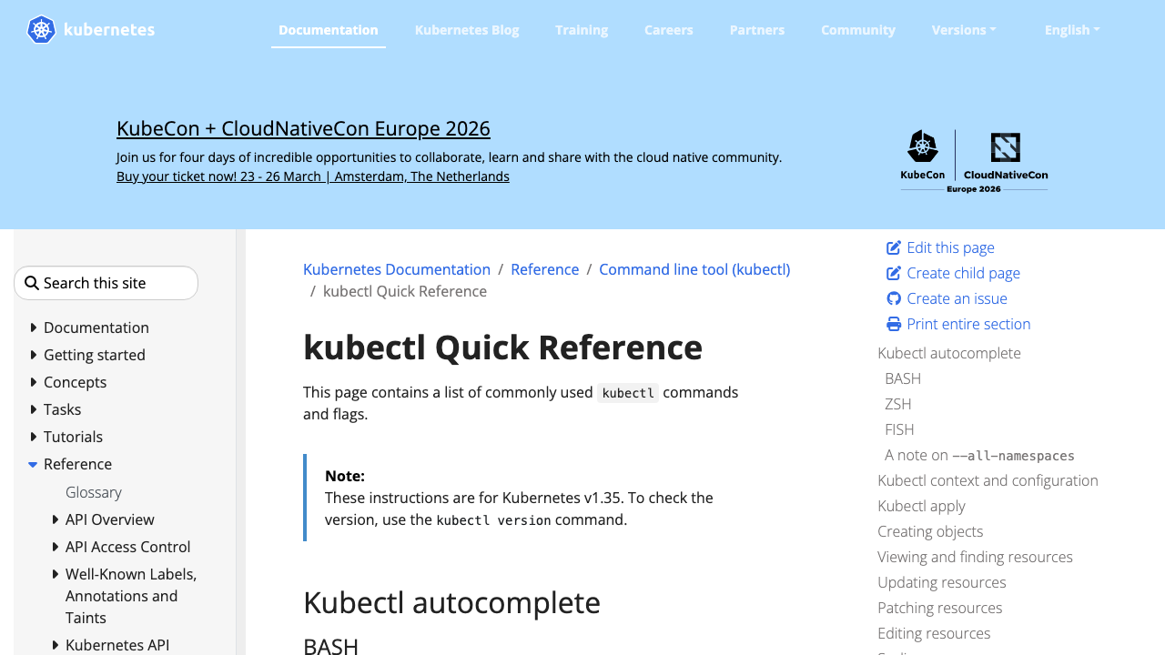 kubernetes.io - Docs - Reference - Kubectl - Cheatsheet preview
