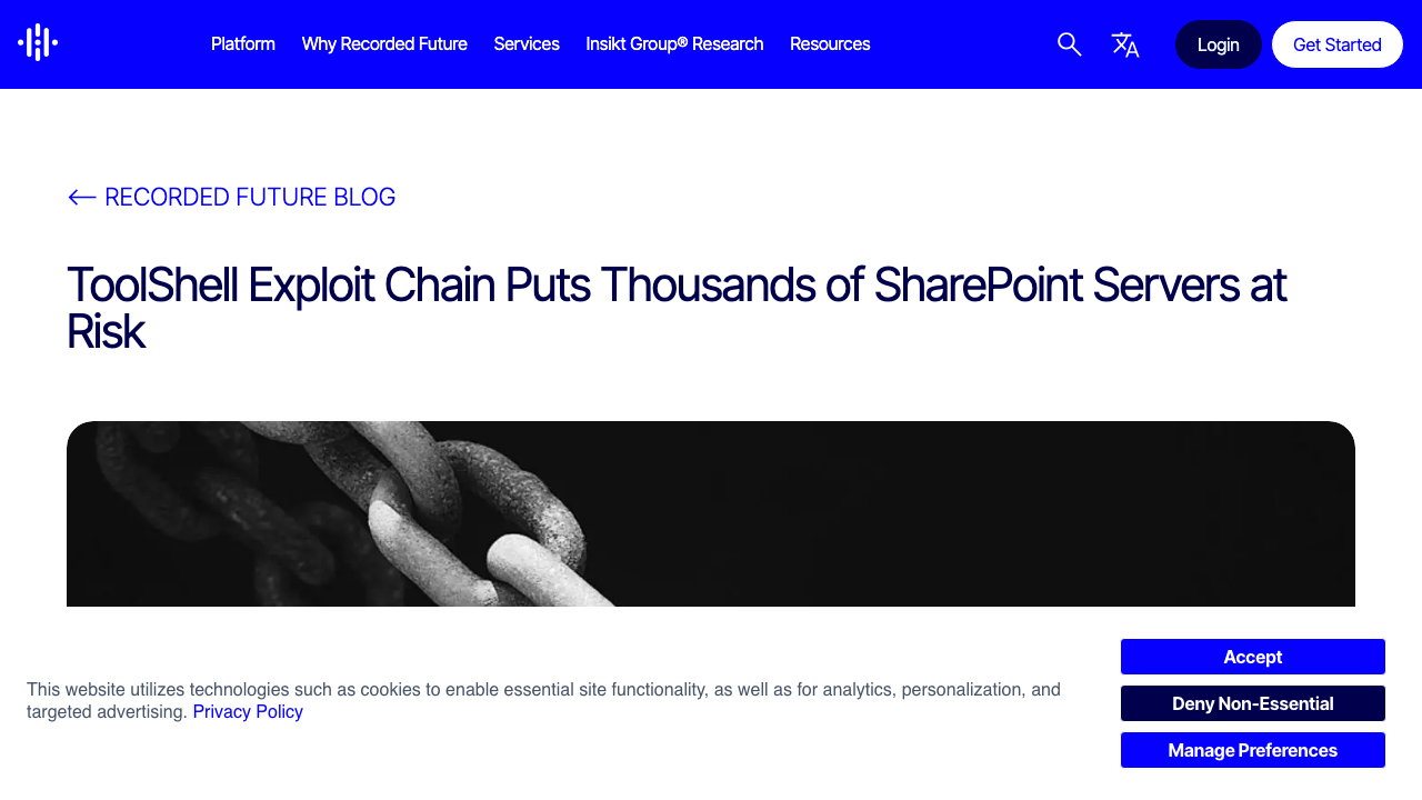 recordedfuture.com - Blog - Toolshell Exploit Chain Thousands Sharepoint Servers Risk preview