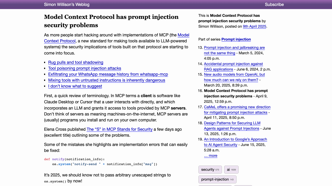 simonwillison.net - 2025 - Apr - 9 - Mcp Prompt Injection preview