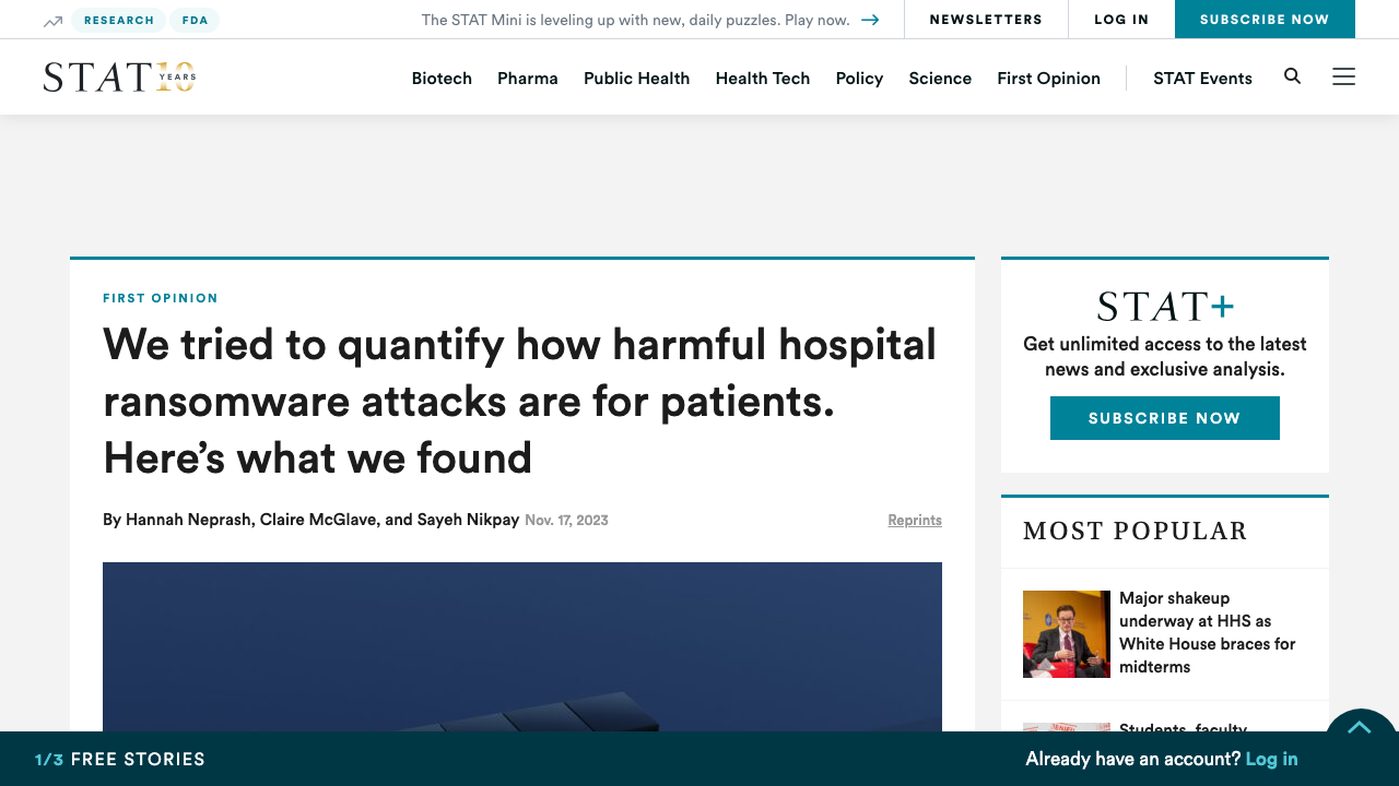 statnews.com - 2023 - 11 - 17 - Hospital Ransomware Attack Patient Deaths Study preview