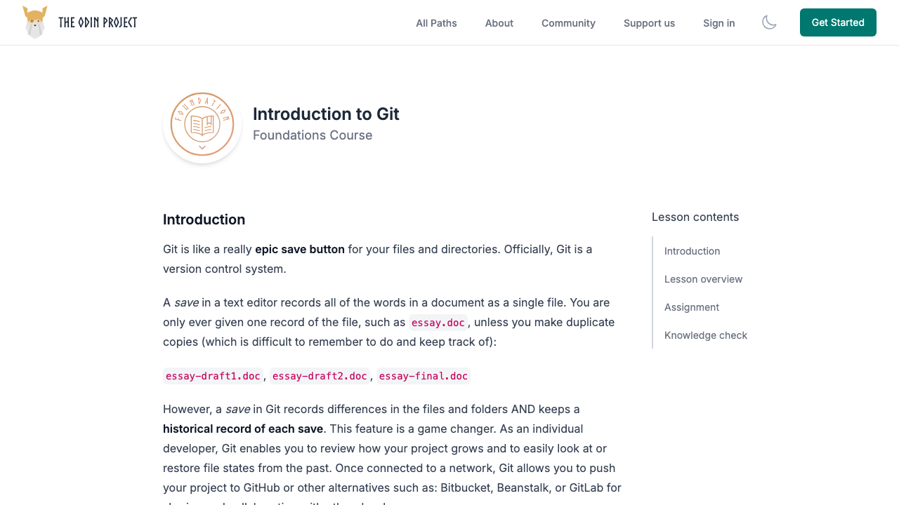 theodinproject.com - Lessons - Foundations Introduction To Git preview