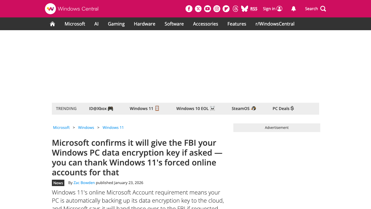 windowscentral.com - Microsoft - Windows 11 - Microsoft Bitlocker Encryption Keys Give Fbi Legal Order Privacy Nightmare
