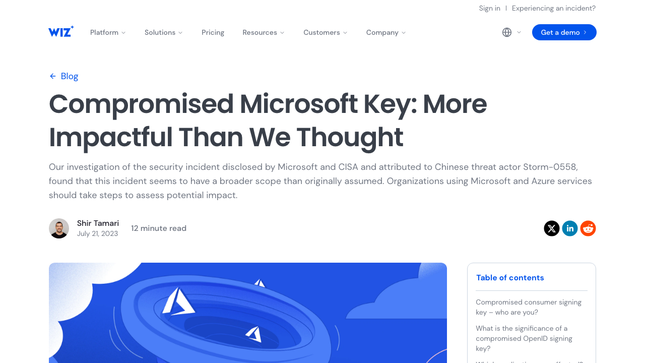 wiz.io - Blog - Storm 0558 Compromised Microsoft Key Enables Authentication Of Countless Micr preview